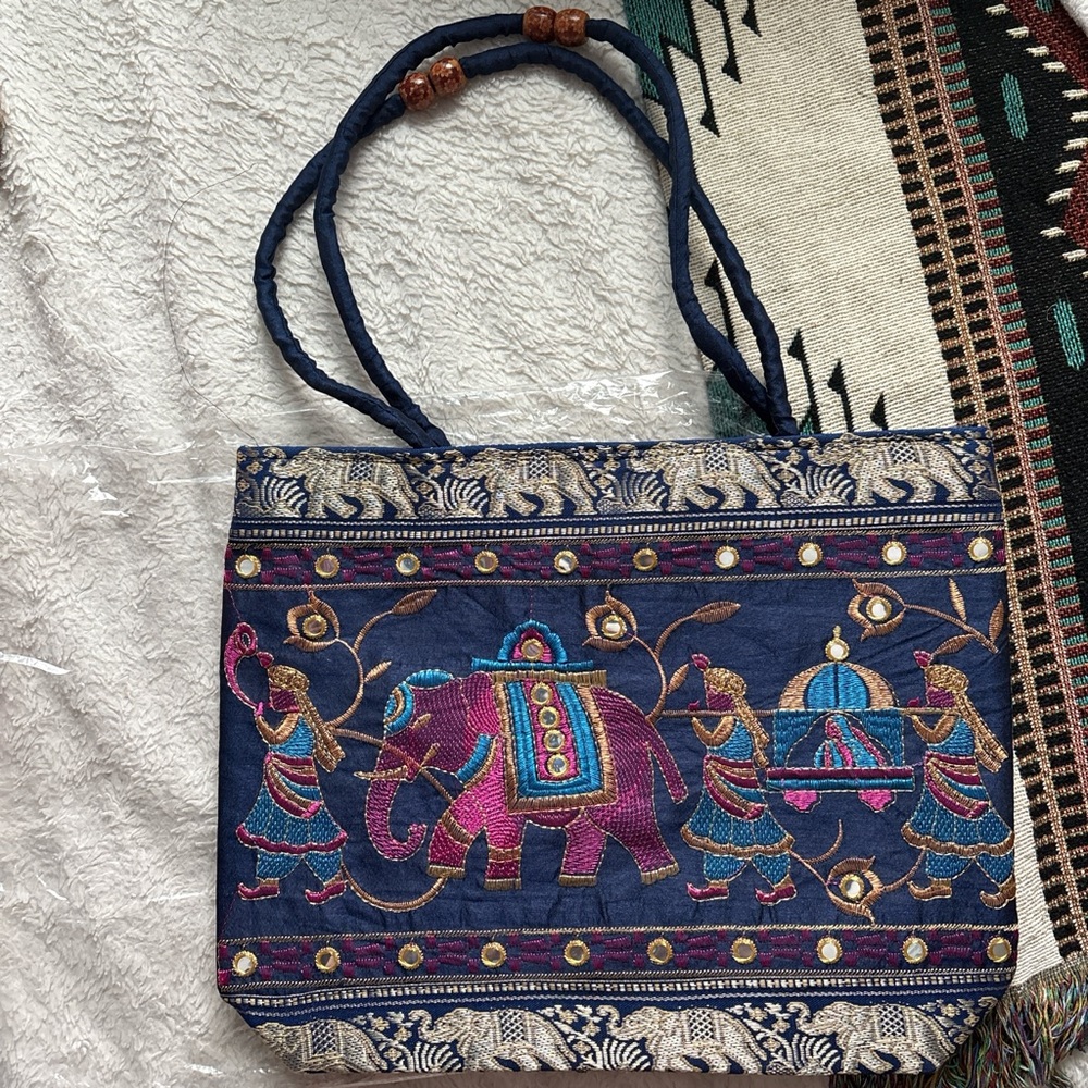 Embroidered Blue and Pink Tote Bag